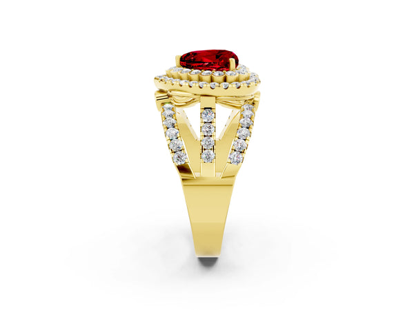 Yellow gold Double Halo Heart Cut Diamond Split Shank Pave Set Ring