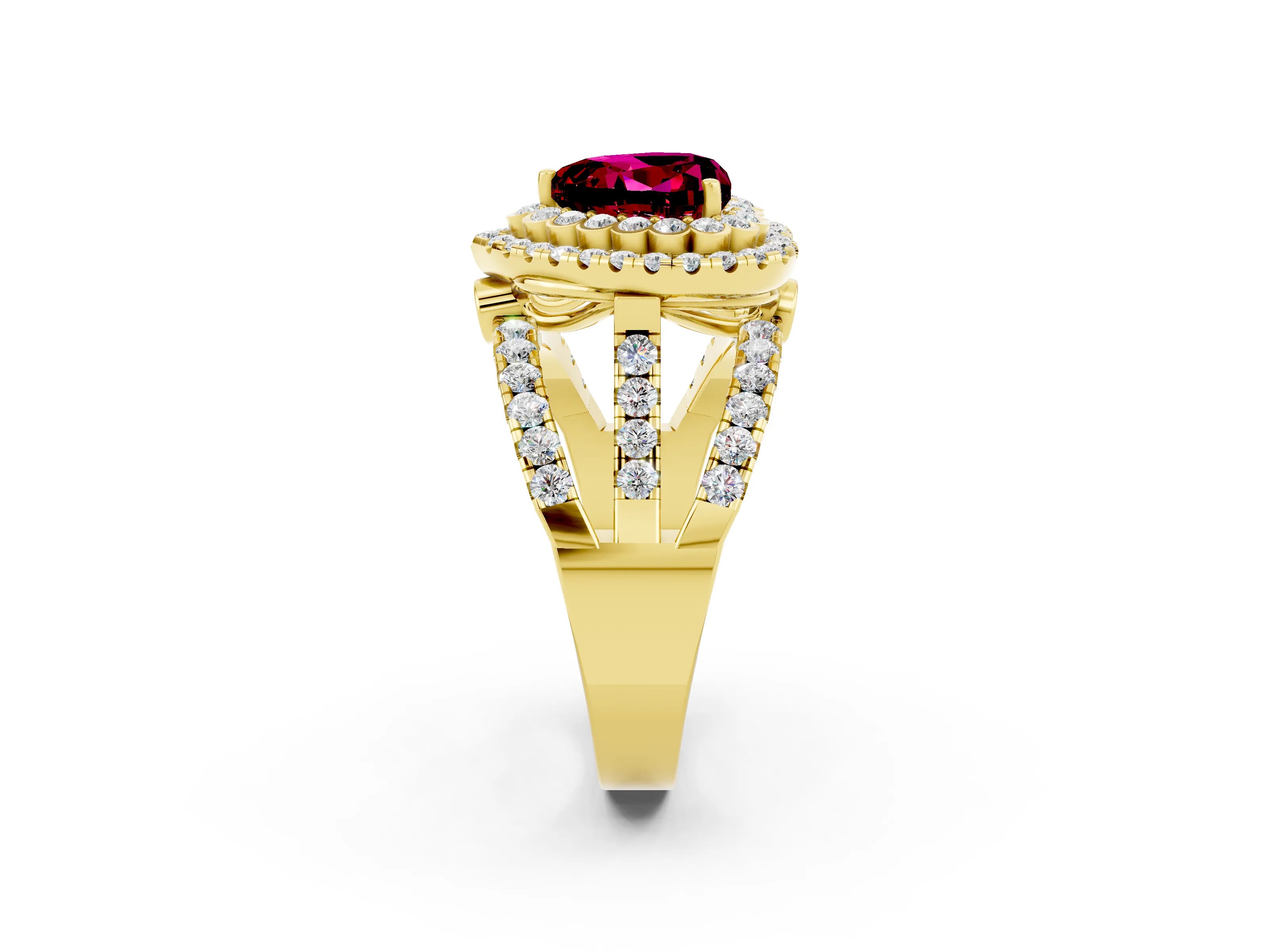 Yellow gold Double Halo Heart Cut Diamond Split Shank Pave Set Ring_2