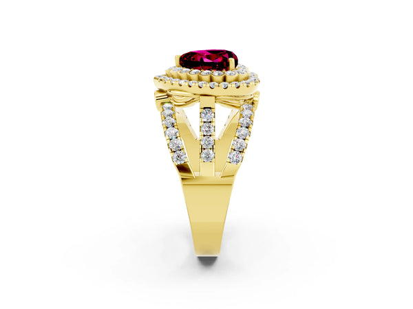 Yellow gold Heart Cut Garnet Double Halo Ring with Round Pavé Split Shank and Prong Setting