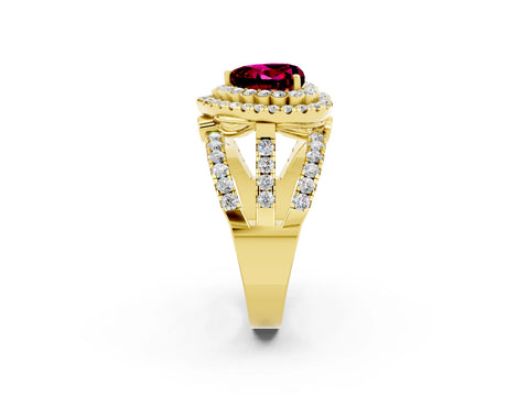 Yellow gold Double Halo Heart Cut Diamond Split Shank Pave Set Ring_2