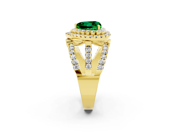 Yellow gold Heart Cut Emerald Double Halo Ring with Round Pavé Split Shank and Prong Setting