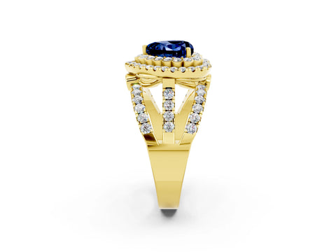 Yellow gold Double Halo Heart Cut Diamond Split Shank Pave Set Ring_2