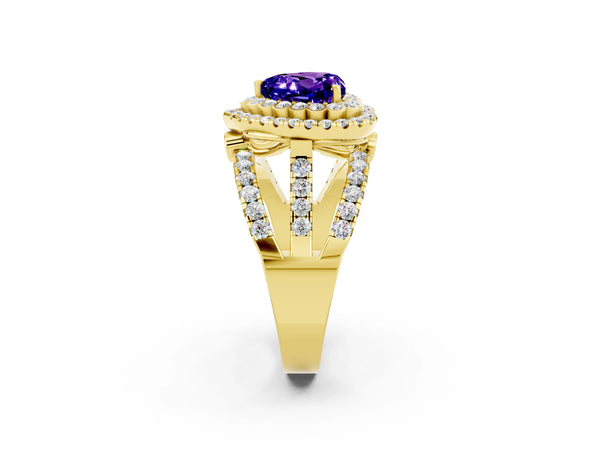 Yellow gold Heart Cut Tanzanite Double Halo Ring with Round Pavé Split Shank and Prong Setting