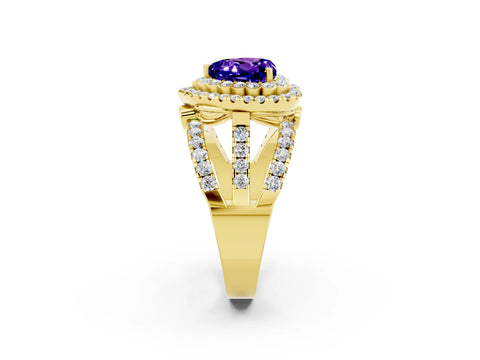 Yellow gold Double Halo Heart Cut Diamond Split Shank Pave Set Ring_2