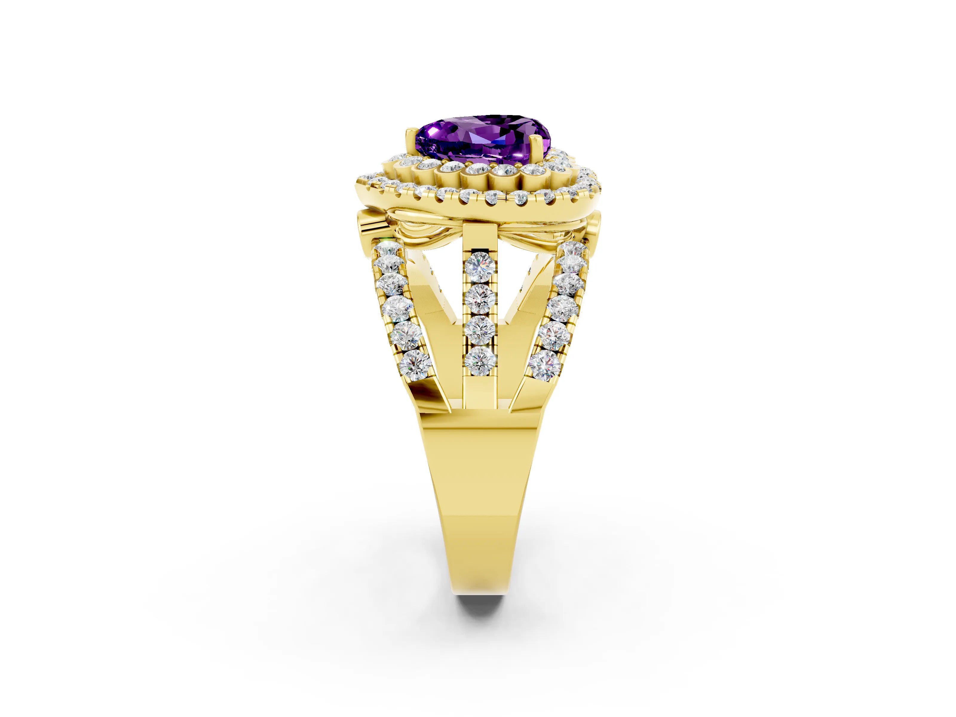 Yellow gold Double Halo Heart Cut Diamond Split Shank Pave Set Ring_2
