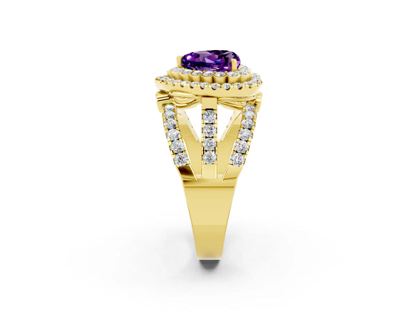 Yellow gold Heart Cut Amethyst Double Halo Ring with Round Pavé Split Shank and Prong Setting