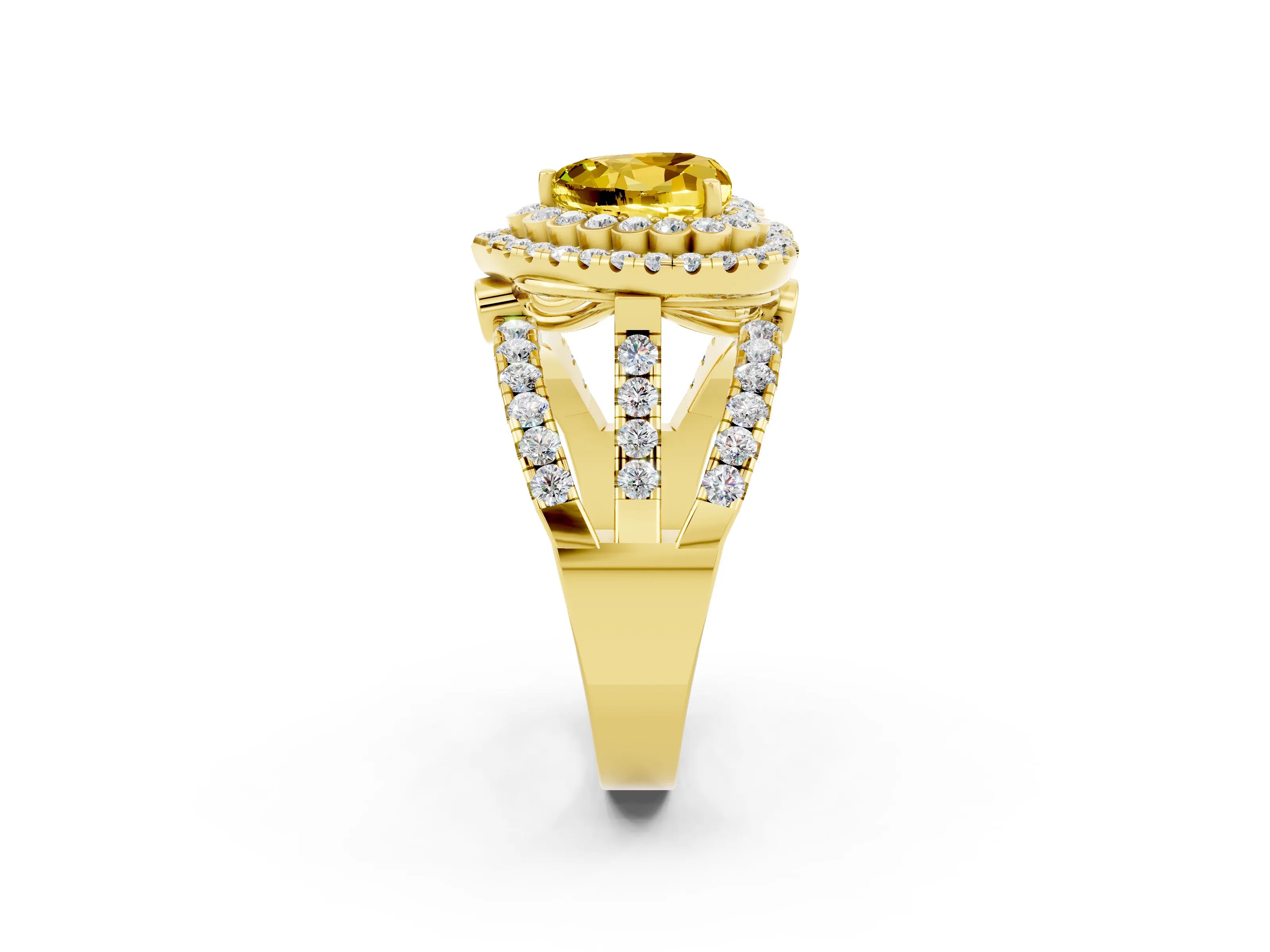 Yellow gold Double Halo Heart Cut Diamond Split Shank Pave Set Ring_2