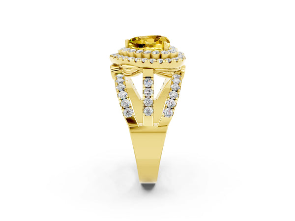 Yellow gold Heart Cut Yellow Sapphire Double Halo Ring with Round Pavé Split Shank and Prong Setting