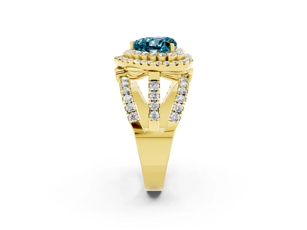 Yellow gold Double Halo Heart Cut Diamond Split Shank Pave Set Ring