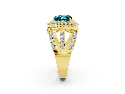 Yellow gold Double Halo Heart Cut Diamond Split Shank Pave Set Ring_2