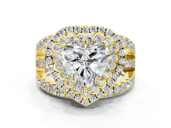 Yellow gold Double Halo Heart Cut Diamond Split Shank Pave Set Ring