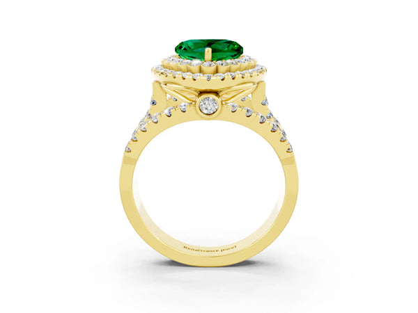 Yellow gold Heart Cut Emerald Double Halo Ring with Round Pavé Split Shank and Prong Setting