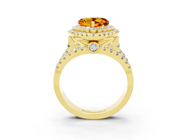 Yellow gold Heart Cut Citrine Double Halo Ring with Round Pavé Split Shank and Prong Setting