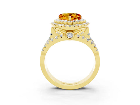 Yellow gold Double Halo Heart Cut Diamond Split Shank Pave Set Ring_3