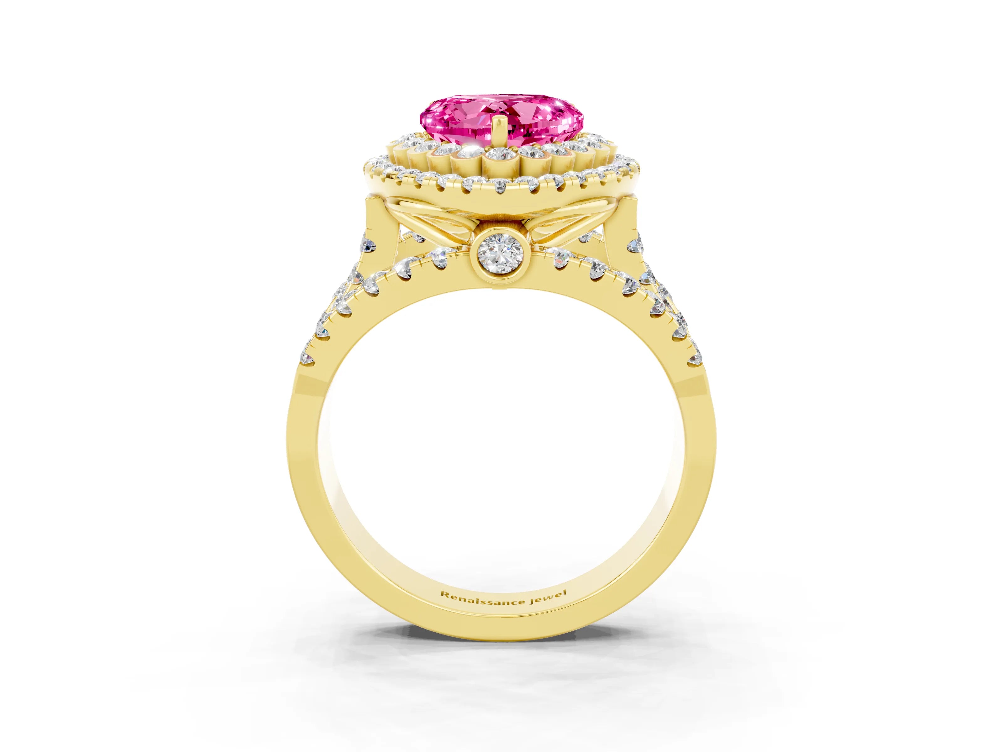 Yellow gold Double Halo Heart Cut Diamond Split Shank Pave Set Ring_3