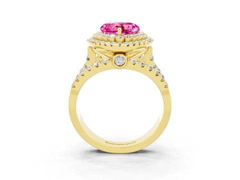 Yellow gold Double Halo Heart Cut Diamond Split Shank Pave Set Ring_3