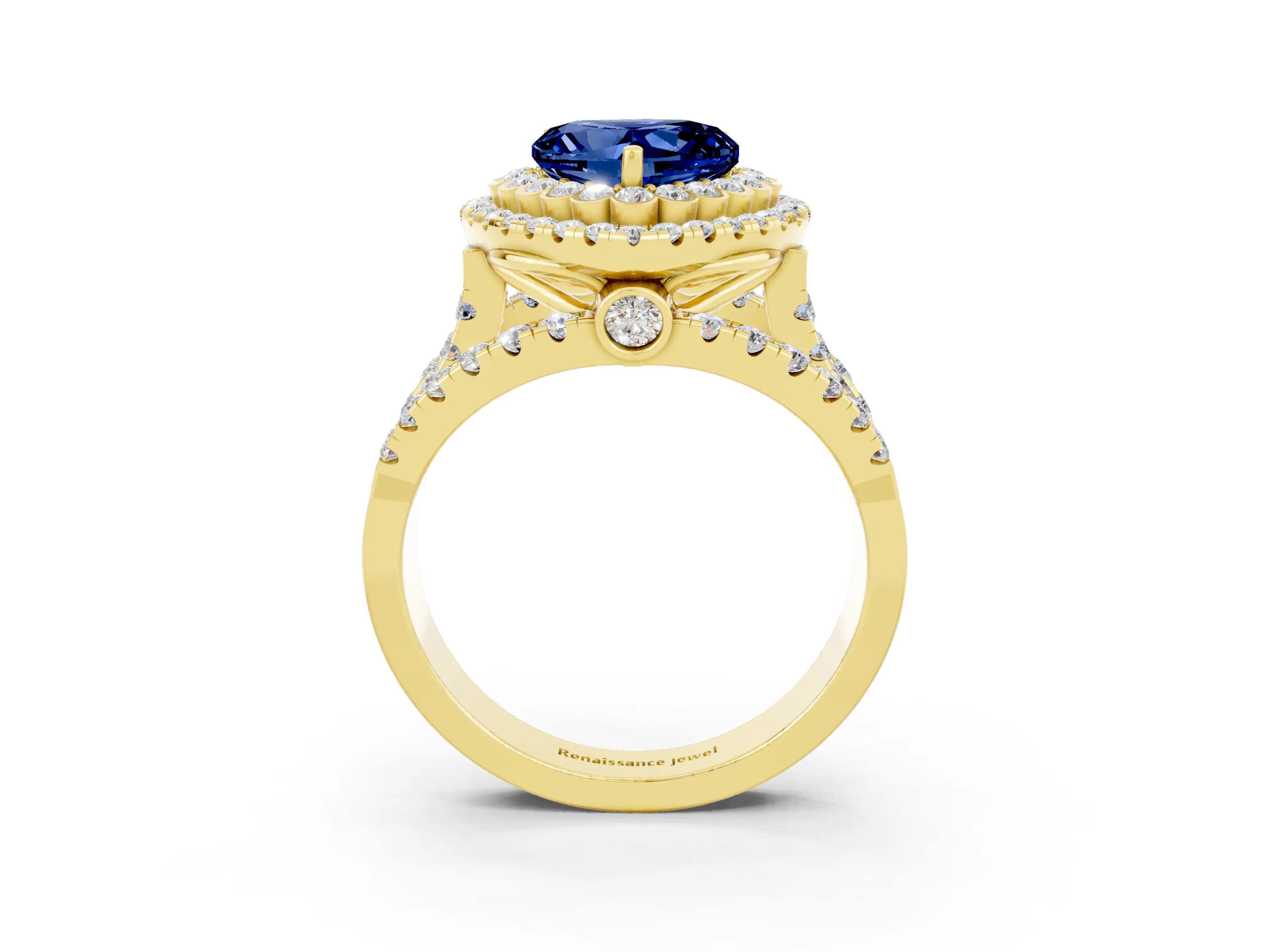 Yellow gold Double Halo Heart Cut Diamond Split Shank Pave Set Ring_3
