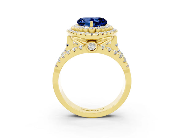 Yellow gold Double Halo Heart Cut Diamond Split Shank Pave Set Ring