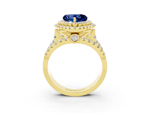 Yellow gold Double Halo Heart Cut Diamond Split Shank Pave Set Ring_3