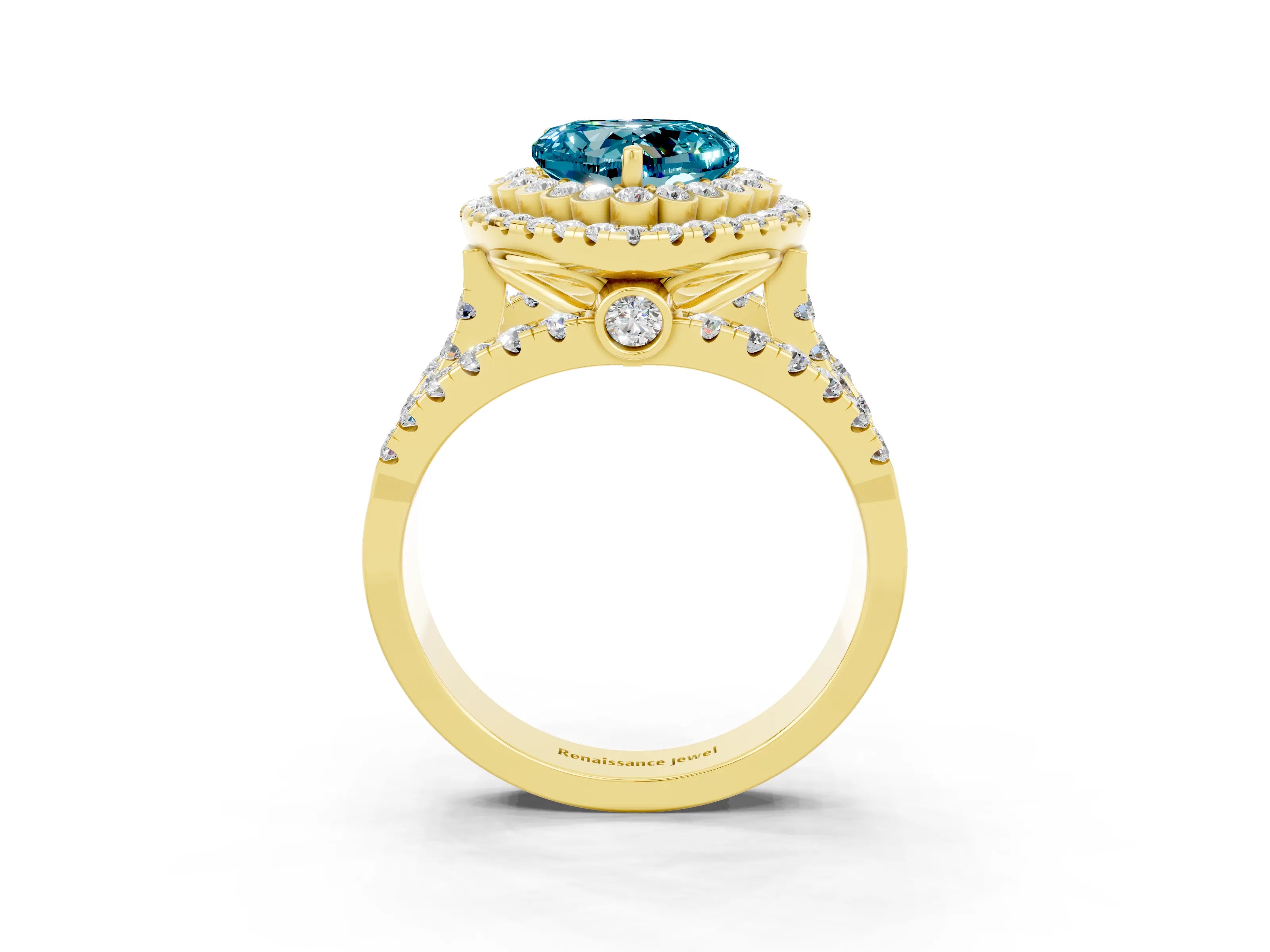 Yellow gold Double Halo Heart Cut Diamond Split Shank Pave Set Ring_3