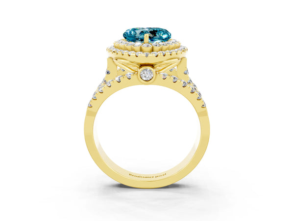 Yellow gold Double Halo Heart Cut Diamond Split Shank Pave Set Ring