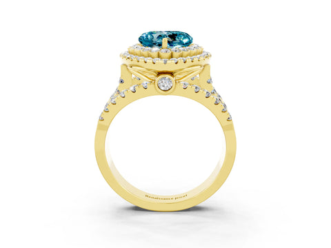 Yellow gold Double Halo Heart Cut Diamond Split Shank Pave Set Ring_3