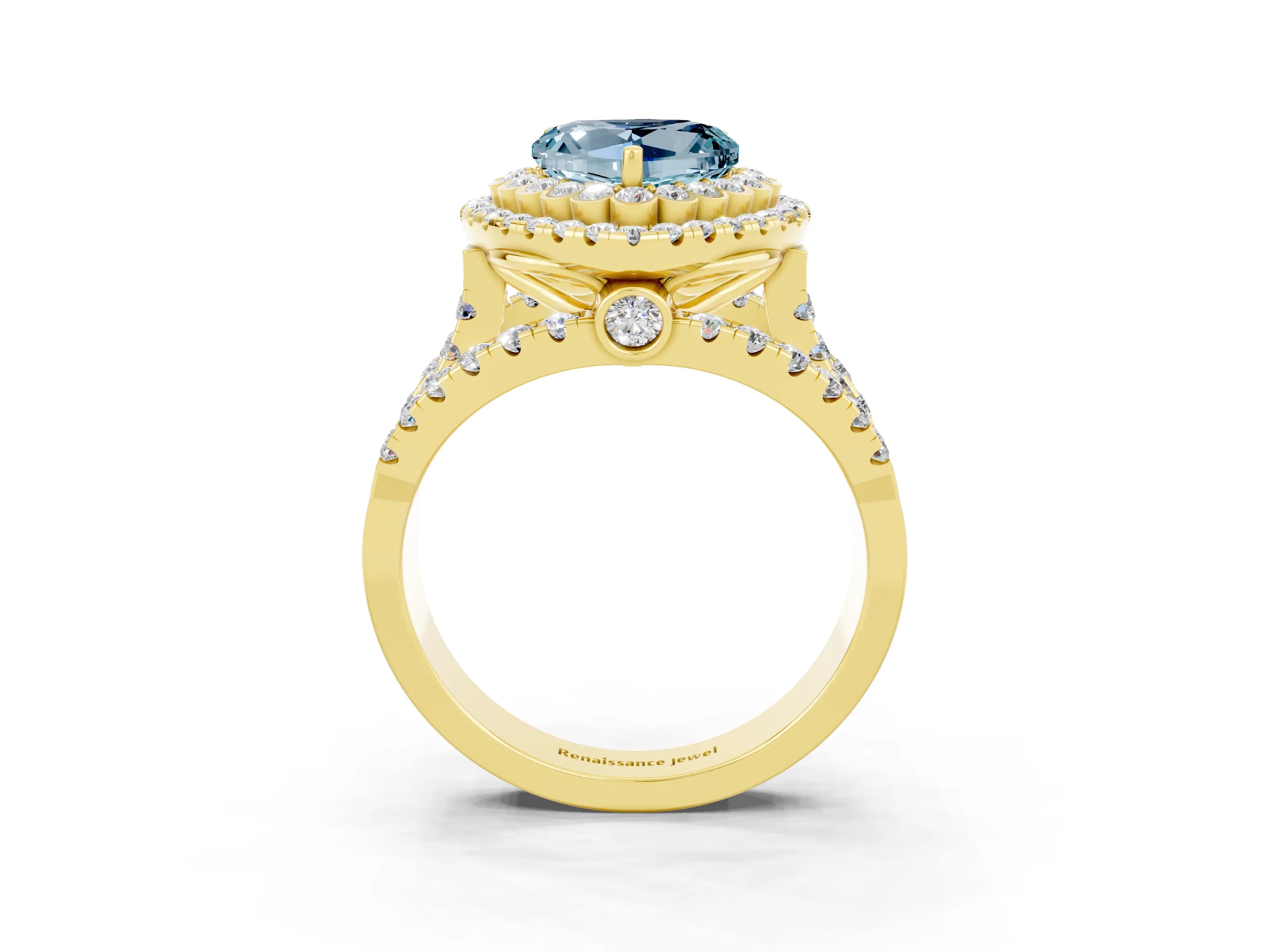 Yellow gold Double Halo Heart Cut Diamond Split Shank Pave Set Ring_3