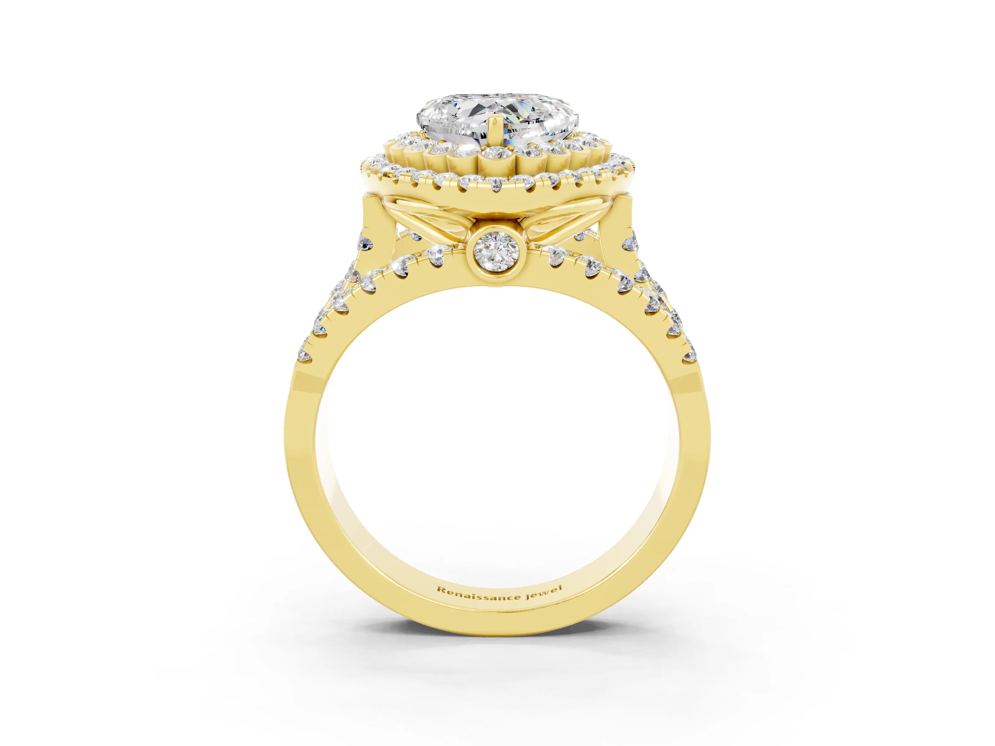 Yellow gold Double Halo Heart Cut Diamond Split Shank Pave Set Ring_3