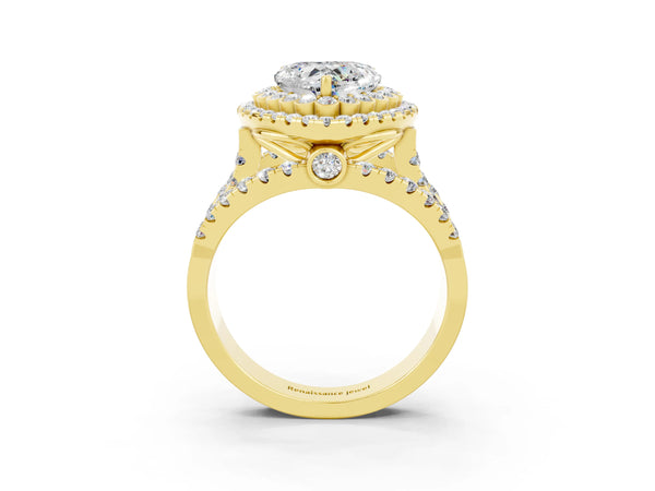 Yellow gold Heart Cut Moissanite Double Halo Ring with Round Pavé Split Shank and Prong Setting
