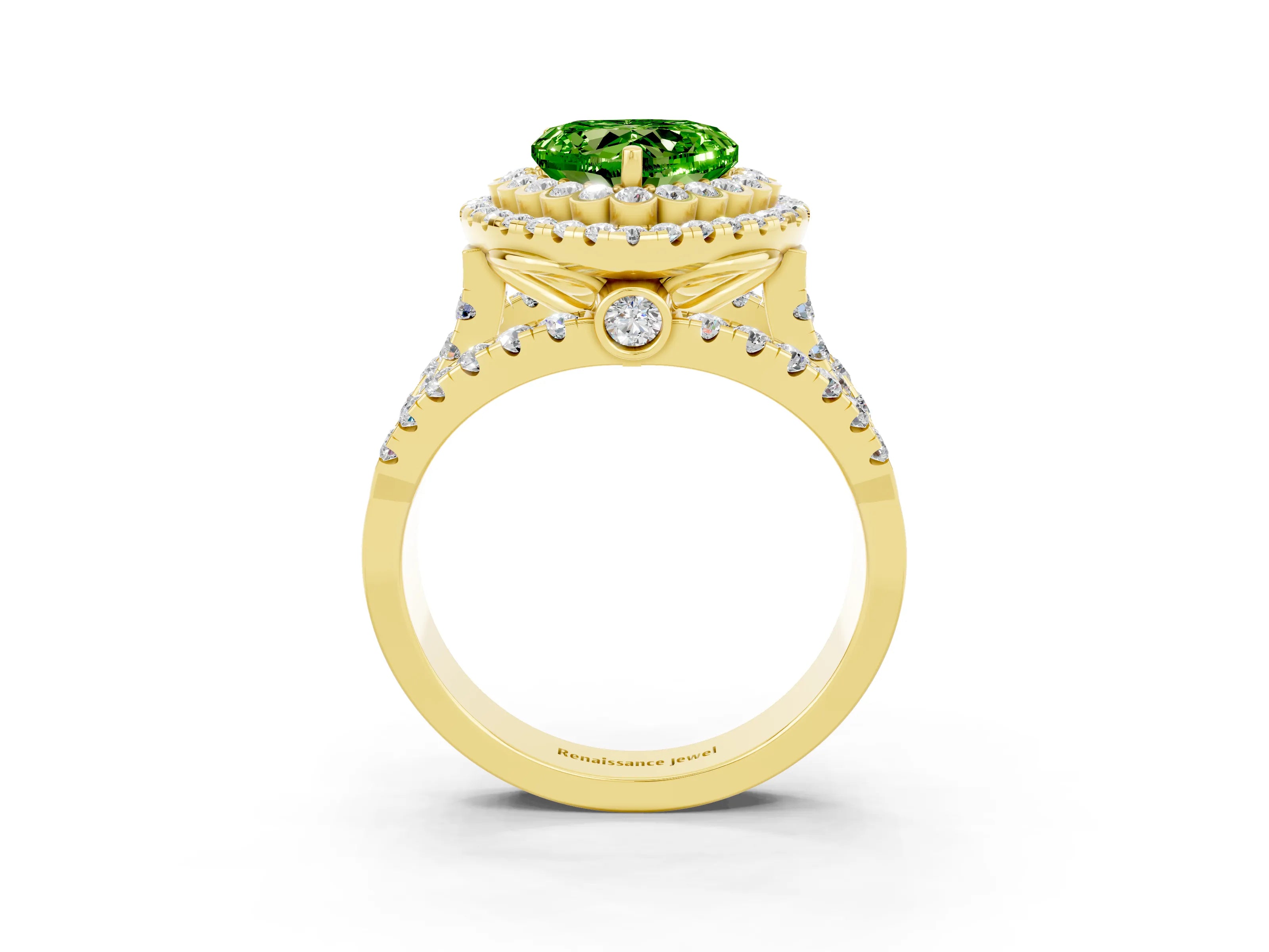 Yellow gold Double Halo Heart Cut Diamond Split Shank Pave Set Ring_3
