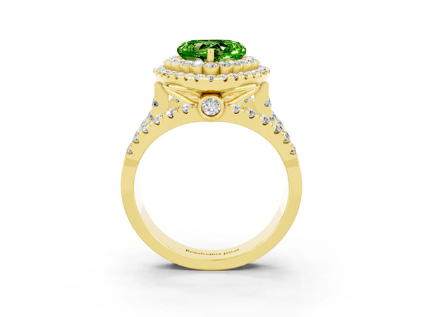 Yellow gold Double Halo Heart Cut Diamond Split Shank Pave Set Ring