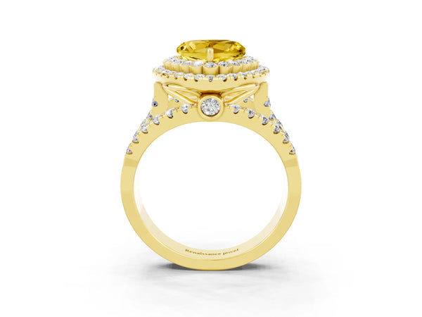 Yellow gold Heart Cut Yellow Sapphire Double Halo Ring with Round Pavé Split Shank and Prong Setting