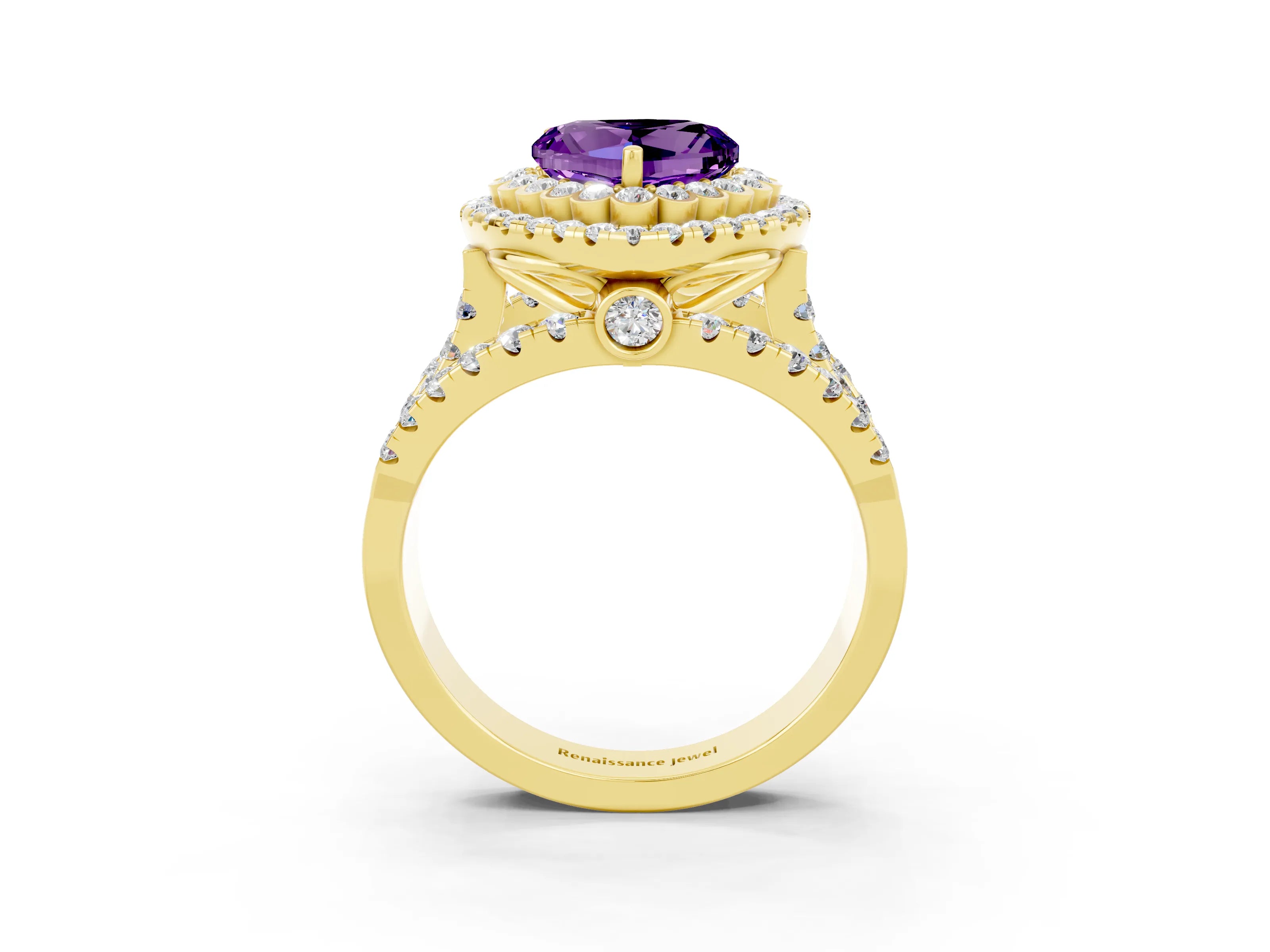 Yellow gold Double Halo Heart Cut Diamond Split Shank Pave Set Ring_3