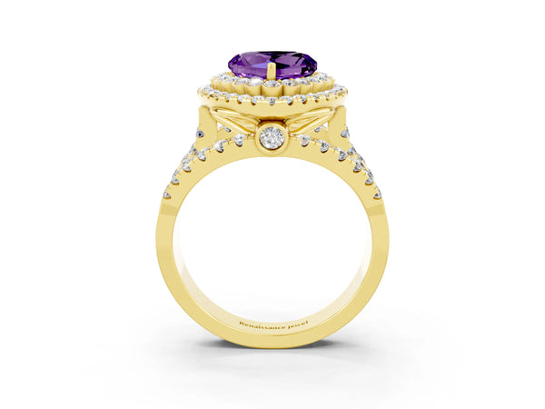 Yellow gold Heart Cut Amethyst Double Halo Ring with Round Pavé Split Shank and Prong Setting