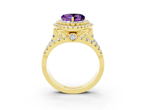 Yellow gold Double Halo Heart Cut Diamond Split Shank Pave Set Ring_3