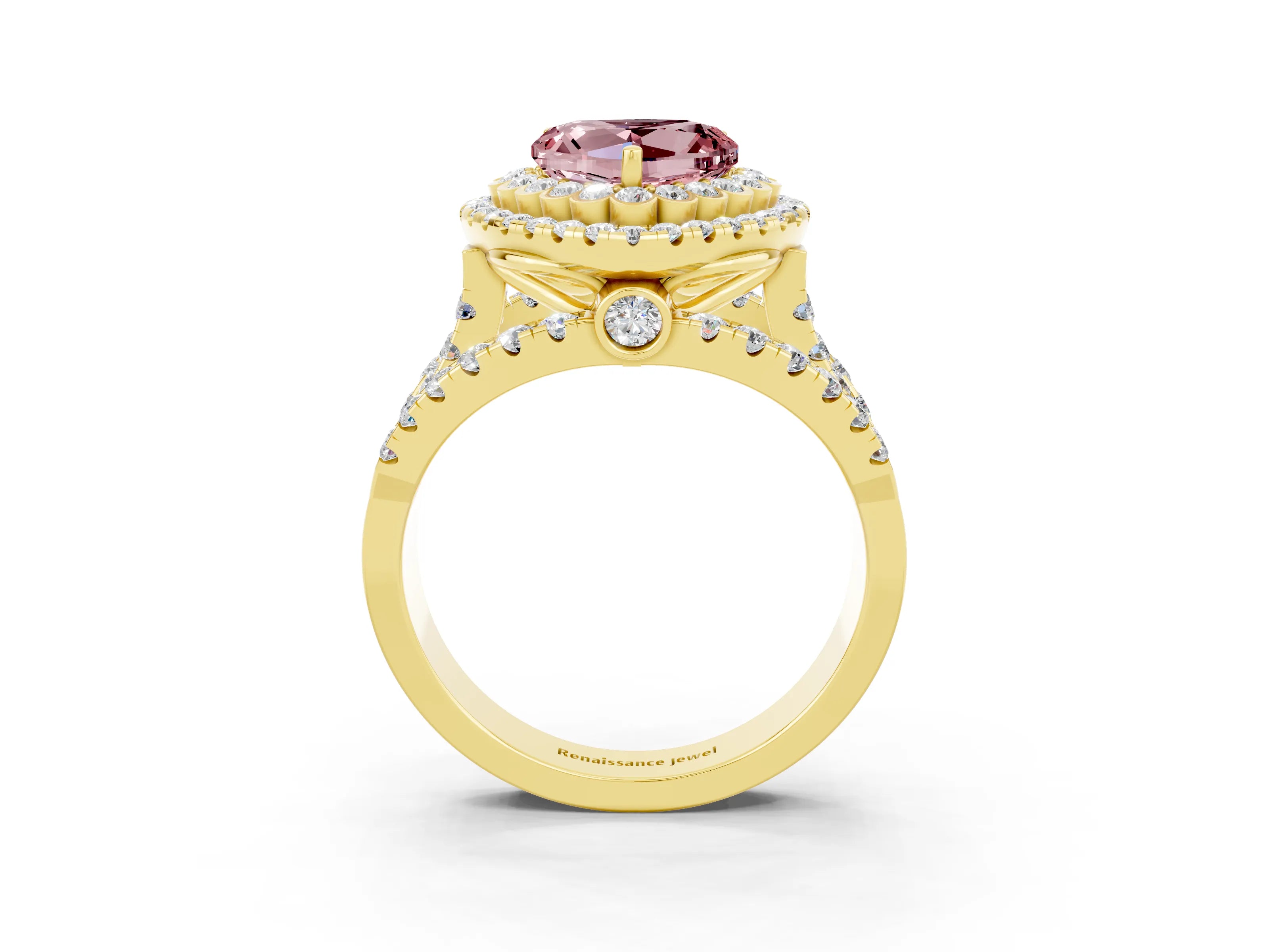 Yellow gold Double Halo Heart Cut Diamond Split Shank Pave Set Ring_3