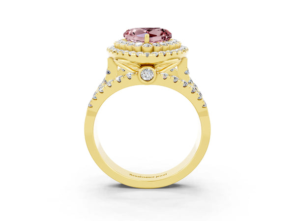 Yellow gold Double Halo Heart Cut Diamond Split Shank Pave Set Ring
