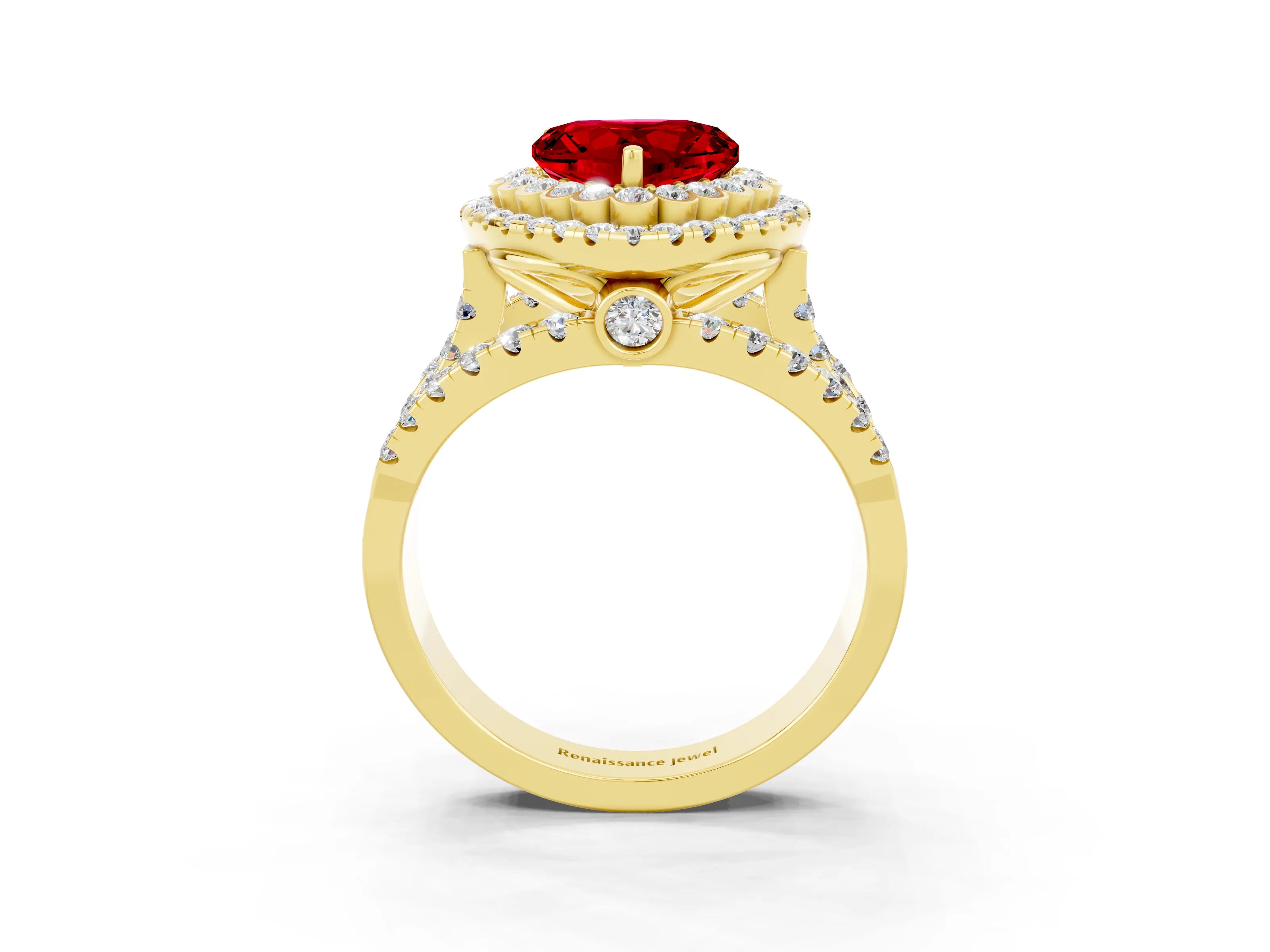Yellow gold Double Halo Heart Cut Diamond Split Shank Pave Set Ring_3