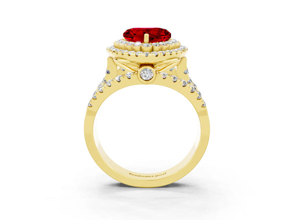 Yellow gold Double Halo Heart Cut Diamond Split Shank Pave Set Ring