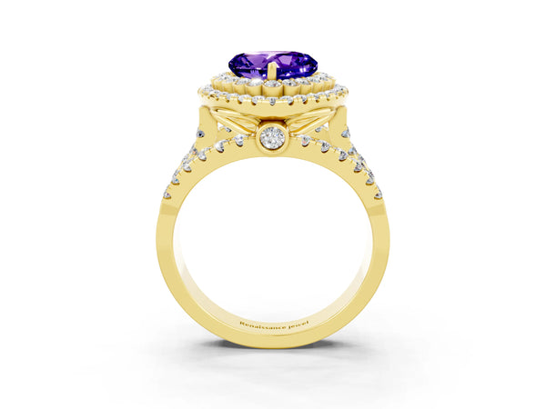 Yellow gold Heart Cut Tanzanite Double Halo Ring with Round Pavé Split Shank and Prong Setting
