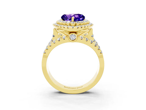 Yellow gold Double Halo Heart Cut Diamond Split Shank Pave Set Ring_3