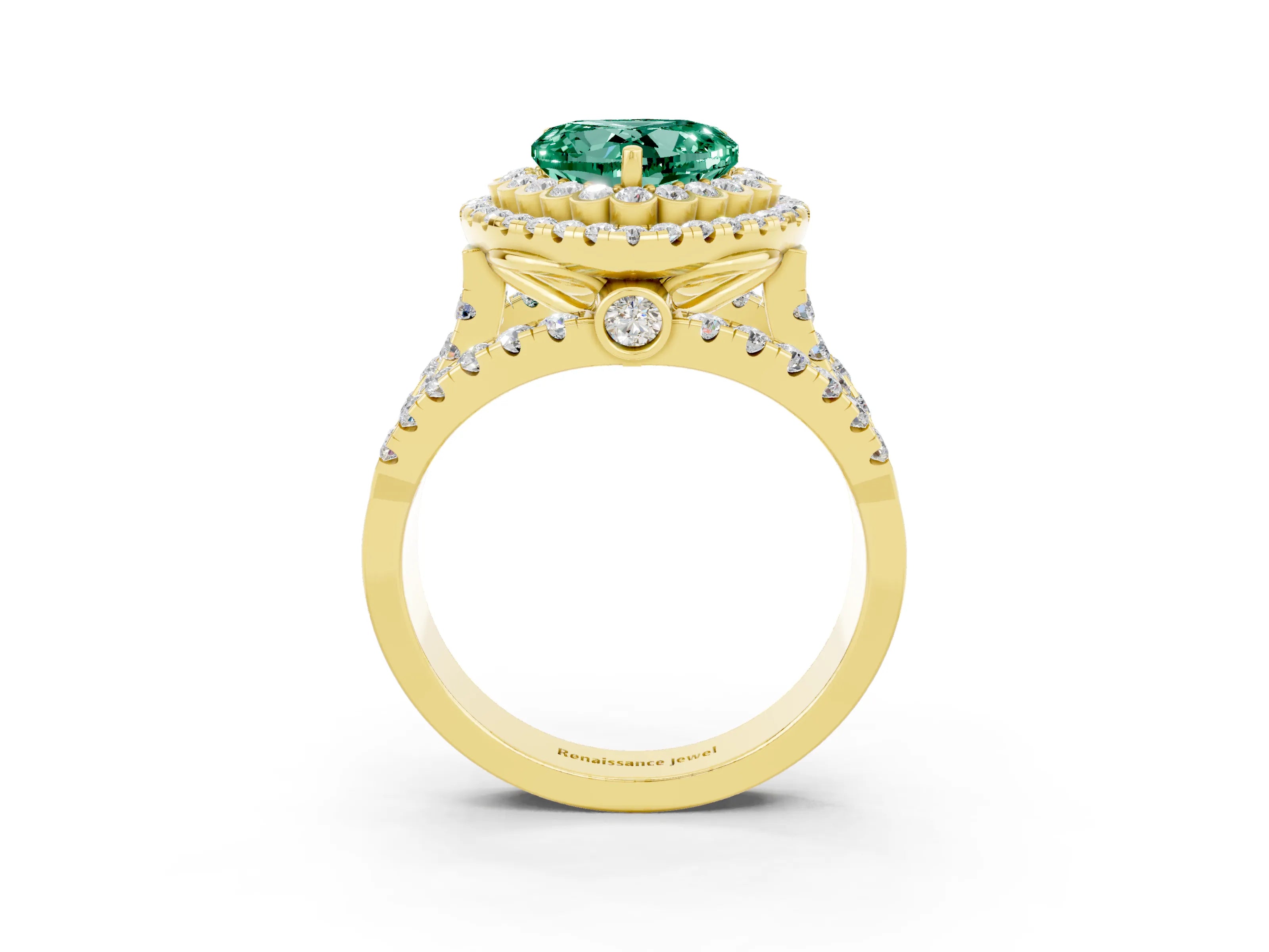 Yellow gold Double Halo Heart Cut Diamond Split Shank Pave Set Ring_3