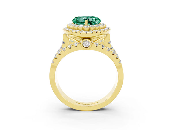 Yellow gold Heart Cut Green Sapphire Double Halo Ring with Round Pavé Split Shank and Prong Setting