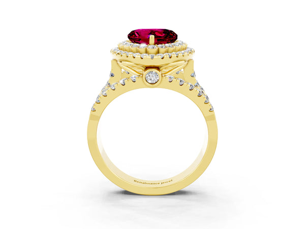 Yellow gold Heart Cut Garnet Double Halo Ring with Round Pavé Split Shank and Prong Setting
