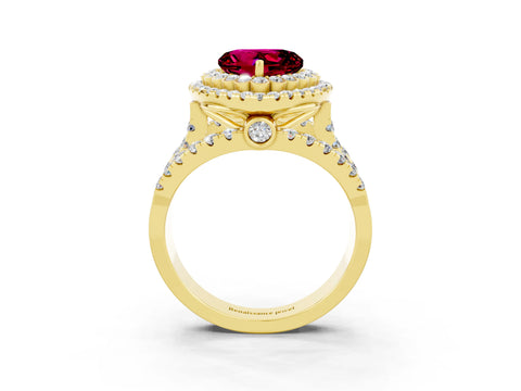 Yellow gold Double Halo Heart Cut Diamond Split Shank Pave Set Ring_3