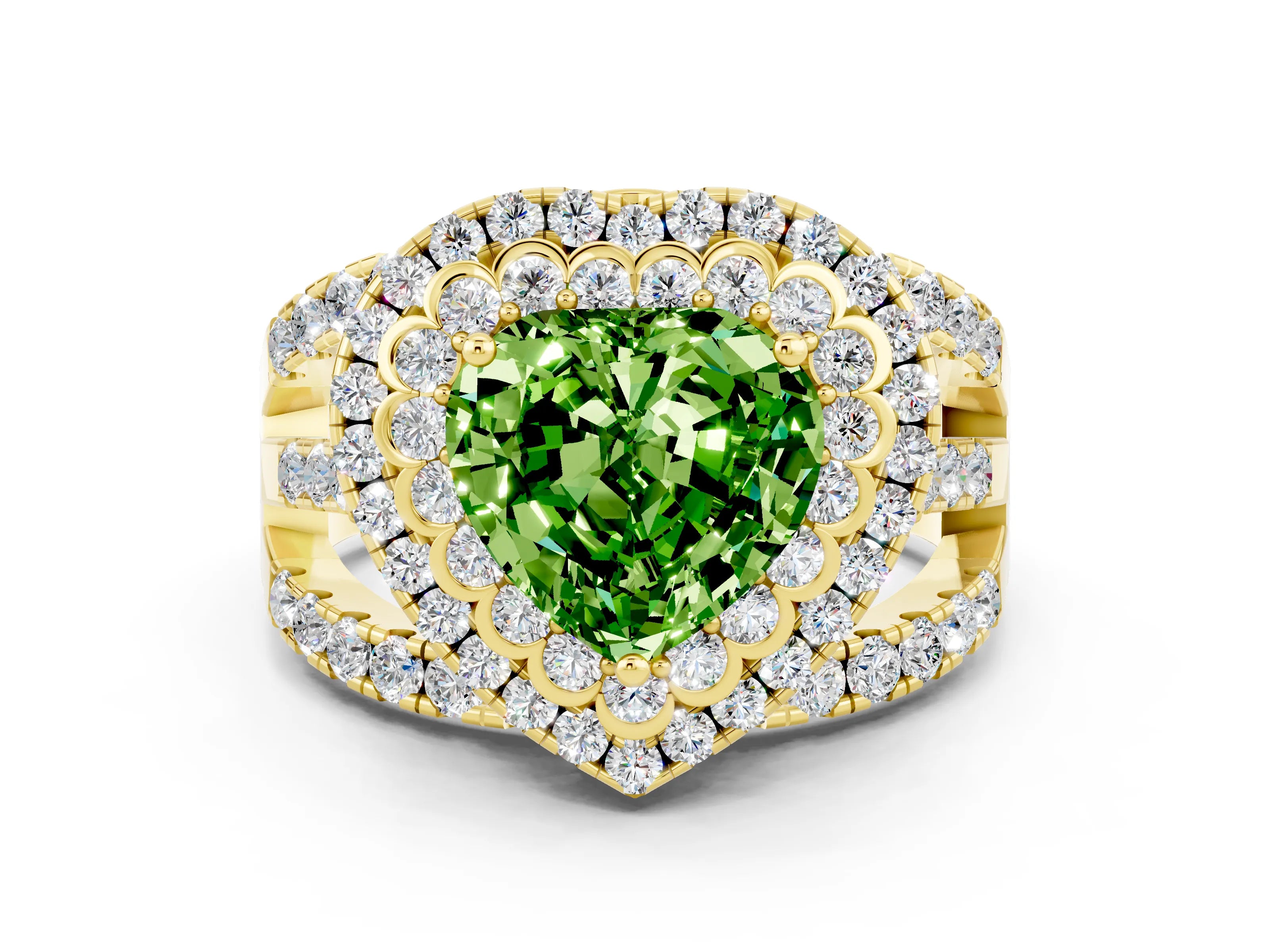 Yellow gold Double Halo Heart Cut Diamond Split Shank Pave Set Ring