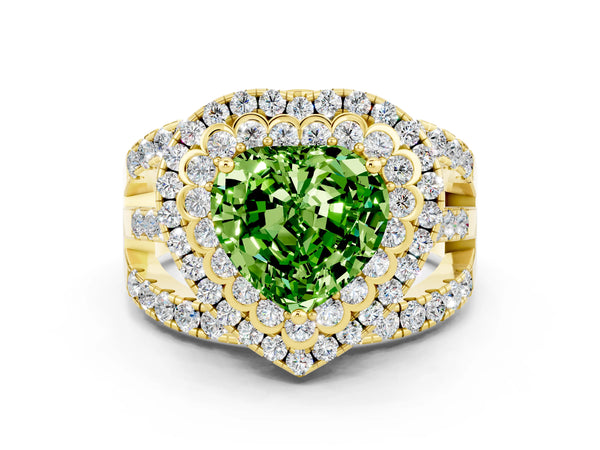Yellow gold Double Halo Heart Cut Diamond Split Shank Pave Set Ring