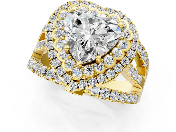 Yellow gold Double Halo Heart Cut Diamond Split Shank Pave Set Ring