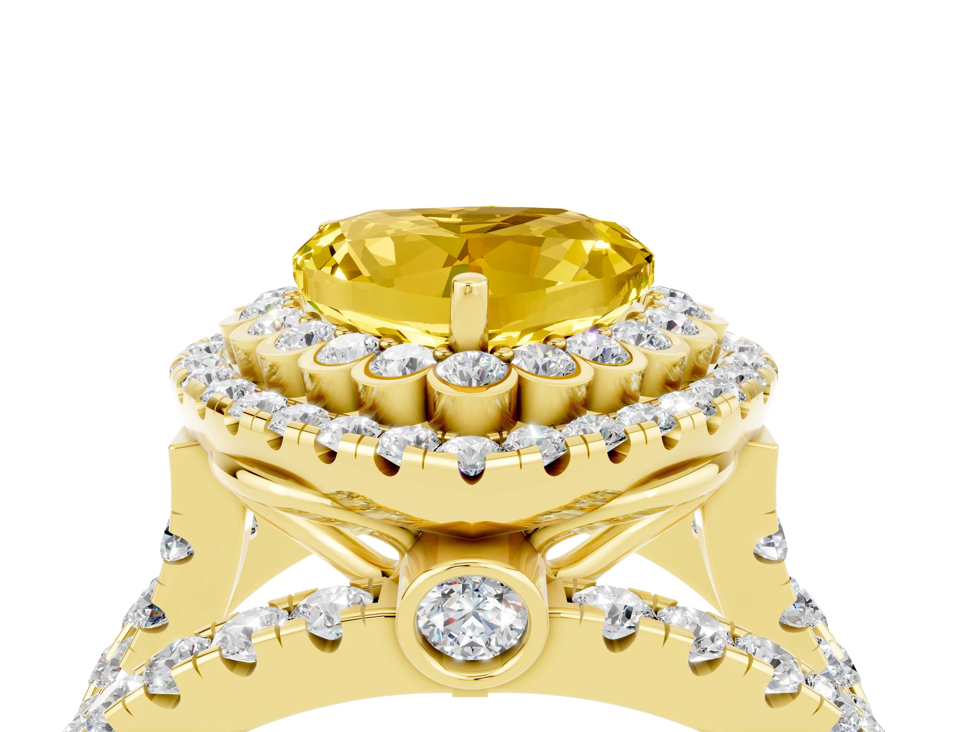 Yellow gold Double Halo Heart Cut Diamond Split Shank Pave Set Ring_4