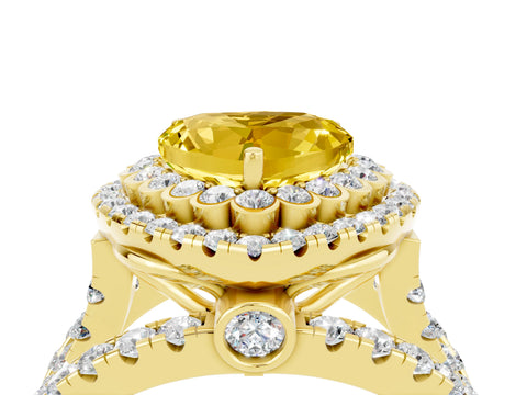 Yellow gold Double Halo Heart Cut Diamond Split Shank Pave Set Ring_4